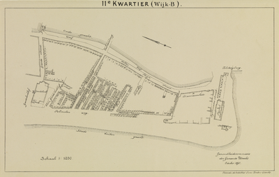 214232 Plattegrond van het 11e Kwartier (wijk B) te Utrecht, het terrein tussen de Oudegracht / Stadsbuitengracht / ...